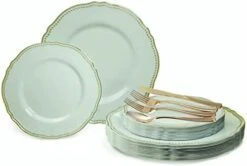 " OCCASIONS " 120 Plates Pack,(60 Guests) Heavyweight Premium Wedding Party Disposable Plastic Plates Set -60 X 10.25'' Dinner + 60 X 7.5'' Salad/Dessert (Rochelle Seafoam/Mint And Gold)) -Peugeot Shop 41UvTNekQL. AC