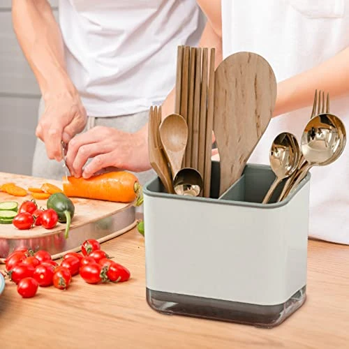 Utensil Holder Cutlery Drainer Sink Caddy, Chopsticks Holder Spoon Chopsticks Fork Drain Rack Basket Storage Holder Organizer Compartment Box-Grey 2 Utensil Holder Cutlery Drainer Sink Caddy, Chopsticks Holder Spoon Chopsticks Fork Drain Rack Basket Storage Holder Organizer Compartment Box-Grey - Image 2