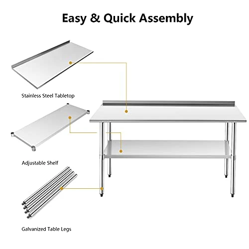 60x24 Inches Stainless Steel Table With Backsplash, Metal Commercial Kitchen Table For Prep & Work With Adjustable Undershelf, Heavy-Duty Prep Table 2 60x24 Inches Stainless Steel Table With Backsplash, Metal Commercial Kitchen Table For Prep & Work With Adjustable Undershelf, Heavy-Duty Prep Table - Image 2
