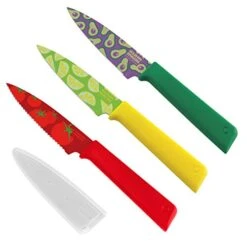 Colori+ Non-Stick Paring Knives With Safety Sheaths, Set Of 3, 19 Cm, Funky Fruit, Stainless Steel