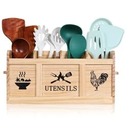 Extra Large Utensil Holder, 4 Compartments Utensil Holder For Kitchen Counter, Wood Utensil Holder Kitchen Utensil Organizer For Countertop & Hanging Option (Utensil Not Included)