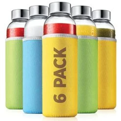 Glass Bottles 6 Pack 18oz - Includes 6 Sleeves (COLORS MAY VARY) - Glass Drinking Bottles For Beverage And Juice - Water Bottle Glass With Stainless Steel Caps With - Leak-Proof Lid
