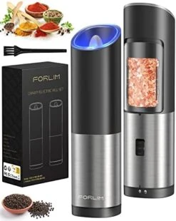 Gravity Electric Salt And Pepper Grinder Set Battery Operated, Adjustable Coarseness, Blue LED Light, One Hand Automatic Operation, Stainless Steel Classic Black & White, 2 Mills -Peugeot Shop 41VrEJIZJ7L. AC