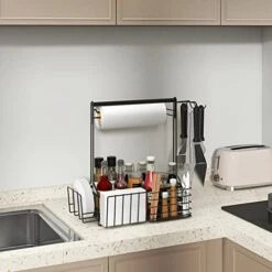 BBQ And Grill Caddy With Paper Towel Holder, Iron Steel Handle & 4 Hooks – Camper Accessories Condiment Caddy – Plates, Cutlery And BBQ Organizer For Camping Outdoor, Home, Kitchen, Countertop, Party -Peugeot Shop 41VuCNrAI7L