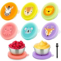 [6 Pack] Salad Dressing Containers To Go, 1.6 Oz Reusable Condiment Cups With Lids, Stainless Steel Dipping Sauce Containers With Silicone Lids For Lunch Bento Box (Cartoon Animal)