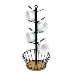 Drying Storage Rack Holder Home Storage Mug Hooks Multipurpose Display Stand Metal Tree Shape Mug Coffee Cups Stand With 8 Hooks-Bamboo Base With Coffee Basket