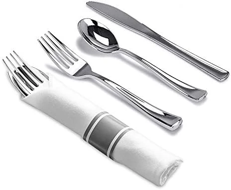 Pre-Rolled Napkin And Cutlery Set - White Napkins And Silver Heavy-Weight Plastic Silverware With Napkin Band Set - 30-Pack 12 Pre-Rolled Napkin And Cutlery Set - White Napkins And Silver Heavy-Weight Plastic Silverware With Napkin Band Set - 30-Pack - Image 12