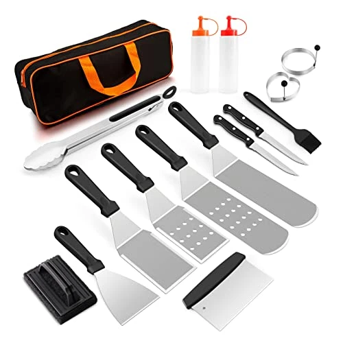 Griddle Accessories Kit Of 16, HaSteeL Stainless Steel Teppanyaki Tools For Flat Top Grill Hibachi Camping BBQ, Heavy Duty Metal Spatulas, Chopper, Steak Knives, Bottles, Carrying Bag, Easy To Clean 1 Griddle Accessories Kit Of 16, HaSteeL Stainless Steel Teppanyaki Tools For Flat Top Grill Hibachi Camping BBQ, Heavy Duty Metal Spatulas, Chopper, Steak Knives, Bottles, Carrying Bag, Easy To Clean