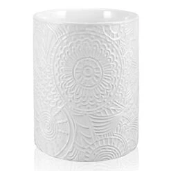 Ceramic Utensil Holder For Countertop, Large Utensil Holder Farmhouse Utensil Crock For Kitchen & Dining Table, White Cooking Utensil Holder,Relief Design, White Color