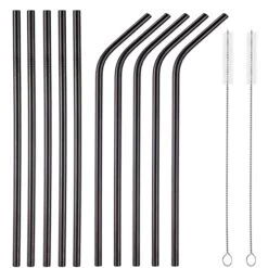 10-Pack Reusable Stainless Steel Metal Straws - Long Drinking Straws For 30 Oz And 20 Oz Tumblers Yeti Dishwasher Safe - 2 Cleaning Brushes Included（Black）