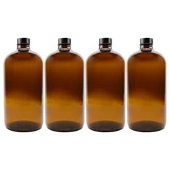 32-Ounce Amber Kombucha Growler Bottles (4-Pack); 1 Quart Boston Round Glass Bottles W/ 6 Polycone Phenolic Lids For Home Brewing