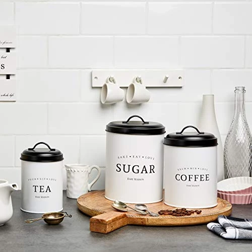 Large Kitchen Canisters Set Of 3 - Farmhouse Canister Sets For Kitchen Counter White - Coffee Tea Sugar Container Set - Rustic Kitchen Canisters Farmhouse Style Decor - Metal Kitchen Jars 5 Large Kitchen Canisters Set Of 3 - Farmhouse Canister Sets For Kitchen Counter White - Coffee Tea Sugar Container Set - Rustic Kitchen Canisters Farmhouse Style Decor - Metal Kitchen Jars - Image 5