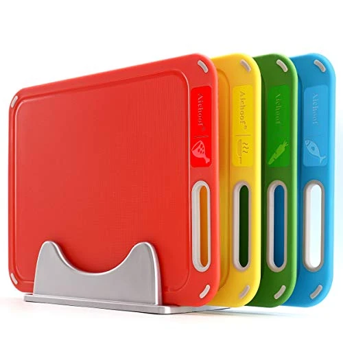 Plastic Cutting Board, Set Of 4 With Storage Stand, Color Box Packed, BPA-Free, Preventing Cross-contamination Of Different Food Types, Dishwasher Safe 1 Plastic Cutting Board, Set Of 4 With Storage Stand, Color Box Packed, BPA-Free, Preventing Cross-contamination Of Different Food Types, Dishwasher Safe