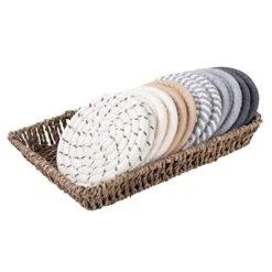 Boho Drink Coasters & Seagrass Basket Holder Set, 6 Styles 12 Pcs Handmade Braided Absorbent Coasters For Drinks, Hand Woven Seagrass Wicker Basket, Heat-resistant Woven Coasters For Table Home Decor
