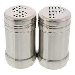 2 Ounce Stainless Steel Metal Salt And Pepper Shakers For Kitchen Counter, Dinner Table, Condiments, And Cooking, Refillable, Perforated "S" And "P" Caps (3.5 In)