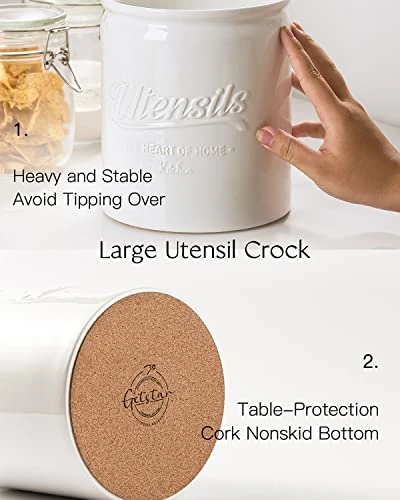 Getstar Utensil Holder For Kitchen Counter (7.2” X 6.2”) , Large Kitchen Utensil Holder With Protective & Non-Slip Cork Mat, Ceramic Cooking Utensil Holder (White) 3 Getstar Utensil Holder For Kitchen Counter (7.2” X 6.2”) , Large Kitchen Utensil Holder With Protective & Non-Slip Cork Mat, Ceramic Cooking Utensil Holder (White) - Image 3