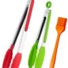 Set Of 2 Kitchen Tongs 12 Inch 9 Inch Stainless Steel Silicone Tips Locking Tong And Brush For Cooking BBQ Grilling Non-stick