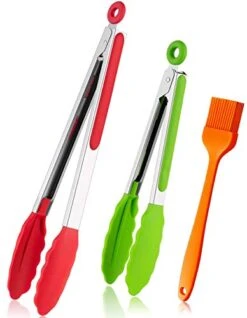 Set Of 2 Kitchen Tongs 12 Inch 9 Inch Stainless Steel Silicone Tips Locking Tong And Brush For Cooking BBQ Grilling Non-stick