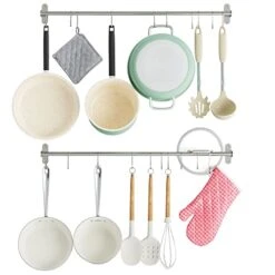 Wallniture Lyon 31.5" Wall Mount Kitchen Utensil Holder With 10 S Hooks For Hanging Pots And Pans Set Of 2