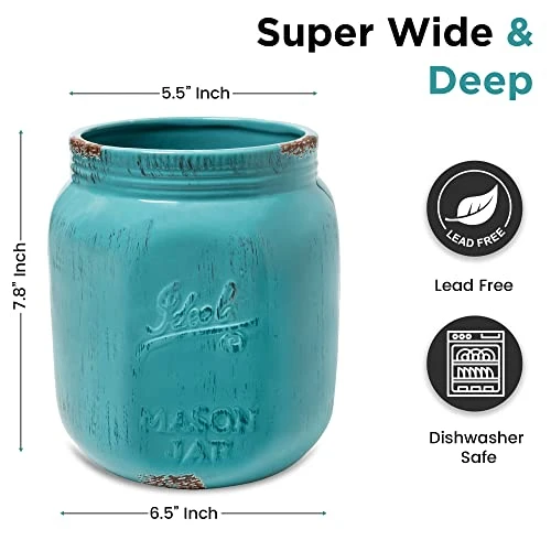 Extra-Large Kitchen Utensil Holder - 7.8” Mason Jar Ceramic Kitchenware Caddy For Farmhouse Kitchen Decor, Dishwasher Safe, Wide Opening Vintage Utensil Crock Countertop Organizer - Aqua 3 Extra-Large Kitchen Utensil Holder - 7.8” Mason Jar Ceramic Kitchenware Caddy For Farmhouse Kitchen Decor, Dishwasher Safe, Wide Opening Vintage Utensil Crock Countertop Organizer - Aqua - Image 3