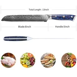 8” Bread Knife Serrated Blade- Damascus Steel & Resin Handle - Xuan Series(Sapphire Blue) -Peugeot Shop 41b0ksKfiGL