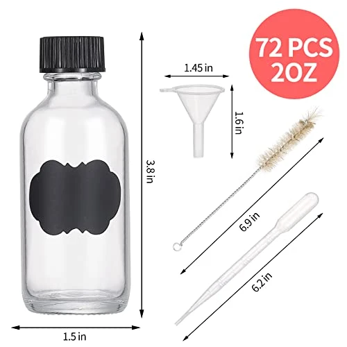 72pcs 2oz Small Clear Glass Bottles For Liquids With Lids Round Boston Travel Jar For Vanilla Hot Sauce Juice Whiskey With 72 Labels,5 Funnels,5 Droppers,1 Brush ,1 Chalk Marker 2 72pcs 2oz Small Clear Glass Bottles For Liquids With Lids Round Boston Travel Jar For Vanilla Hot Sauce Juice Whiskey With 72 Labels,5 Funnels,5 Droppers,1 Brush ,1 Chalk Marker - Image 2