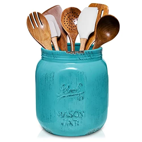Extra-Large Kitchen Utensil Holder - 7.8” Mason Jar Ceramic Kitchenware Caddy For Farmhouse Kitchen Decor, Dishwasher Safe, Wide Opening Vintage Utensil Crock Countertop Organizer - Aqua 4 Extra-Large Kitchen Utensil Holder - 7.8” Mason Jar Ceramic Kitchenware Caddy For Farmhouse Kitchen Decor, Dishwasher Safe, Wide Opening Vintage Utensil Crock Countertop Organizer - Aqua - Image 4