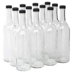 North Mountain Supply - W5CTCL-BKP 750ml Clear Glass Bordeaux Wine Bottle Flat-Bottomed Screw-Top Finish - With 28mm Black Plastic Lids - Case Of 12
