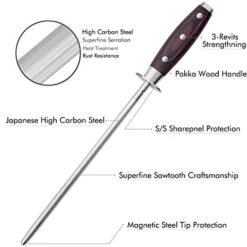 10 Inch Honing Steel With Pakkawood Handle, Knife Sharpener Rod, Professional Knife Sharpening Steel