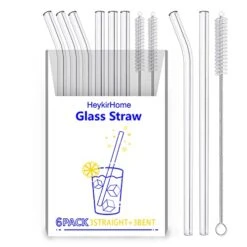 6-Pack Reusable Glass Straw-Transparent,Size 8''x10 MM,Including 3 Straight And 3 Bent With 2 Cleaning Brush- Perfect For Smoothies, Tea, Juice-Clear