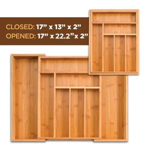 Expandable Bamboo Silverware Organizer - Kitchen Drawer Organizer, Utensil Holder - Drawer Organization And Storage In Kitchen, Bathroom Or Bedroom, 17” Long, Adjustable From 13” - 22.2” Wide, 2” Deep 2 Expandable Bamboo Silverware Organizer - Kitchen Drawer Organizer, Utensil Holder - Drawer Organization And Storage In Kitchen, Bathroom Or Bedroom, 17” Long, Adjustable From 13” - 22.2” Wide, 2” Deep - Image 2