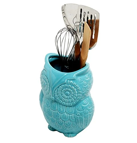Aqua Blue Owl Shaped Ceramic Kitchen Crock Utensil Holder, 8 Inch Multipurpose Storage Jar Vase Canister, Art Brush Holder 4 Aqua Blue Owl Shaped Ceramic Kitchen Crock Utensil Holder, 8 Inch Multipurpose Storage Jar Vase Canister, Art Brush Holder - Image 4