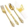 200PCS Gold Plastic Silverware Set- Disposable Flatware - Disposable Gold Plastic Cutlery For Party- Includes 50 Forks,50 Spoons,50 Knives,50 Napkins,50 Butterfly Clasp