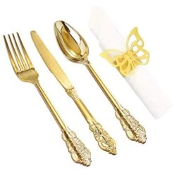 200PCS Gold Plastic Silverware Set- Disposable Flatware - Disposable Gold Plastic Cutlery For Party- Includes 50 Forks,50 Spoons,50 Knives,50 Napkins,50 Butterfly Clasp
