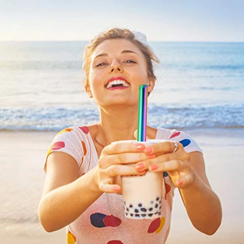 3 Pcs Reusable Boba Straws & Smoothie Straws, 0.5" Wide Stainless Steel Straws, Angled Tips Metal Straws For Bubble Tea, Milkshakes, Smoothies With Cleanning Brush & Case (Rainbow) 2 3 Pcs Reusable Boba Straws & Smoothie Straws, 0.5" Wide Stainless Steel Straws, Angled Tips Metal Straws For Bubble Tea, Milkshakes, Smoothies With Cleanning Brush & Case (Rainbow) - Image 2