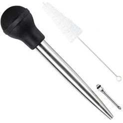 Home Servz 304 Stainless Steel Turkey Baster Syringe Injector Needle With Cleaning Brush- Black Rubber Bulb
