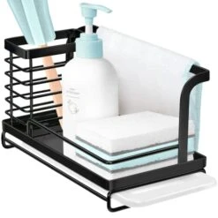 Sink Caddy Organizer Countertop Sponge Brush Soap Holder With Drain Pan Stainless Steel For Kitchen Black