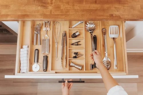 Adjustable Kitchen Drawer Organizer For Utensils And Junk, Expandable To 28 Inches Wide, 9 Compartments, 100% Bamboo 1 Adjustable Kitchen Drawer Organizer For Utensils And Junk, Expandable To 28 Inches Wide, 9 Compartments, 100% Bamboo