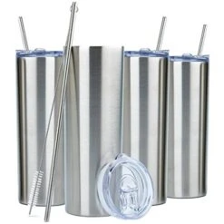 Kinny Tumblers With Lids And Straws (4 Pack) - 20 Oz Double Wall Insulated Slim Stainless Steel Silver Tumblers With Straw Cleaner | Reusable Travel Mug For Hot And Cold Beverages