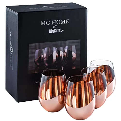 Modern Copper Accent Stemless Wine Glass Set, Red Wine Glasses Set Of 4 4 Modern Copper Accent Stemless Wine Glass Set, Red Wine Glasses Set Of 4 - Image 4