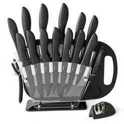 Kitchen Knife Set With Cutting Board - Deluxe 18 Piece Home Essentials All Black Knife Block Set, Knife Sharpener, Kitchen Scissors, Bottle Opener, Knife Block, Potato Peeler, Chopping Board