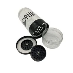 Herb Storage Jar With Shake Separator And Magnetic Herb Grinder INSIDE The Lid. This Airtight, Smell Proof, Plastic Storage Container Has Two Seals To Keep The Goods Fresh And Scent Contained