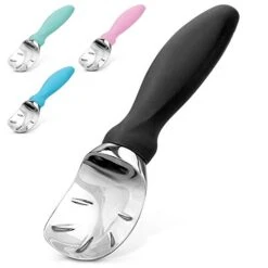 Ice Cream Scoop With Soft Easy Grip Handle - Ice Cream Scooper With Built-in Lid Opener - Heavy Duty Icecream Scoop With Non-Slip Handle For Soft & Hard Ice Cream (Black)