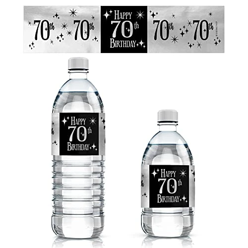 Black And Silver 70th Birthday Water Bottle Labels - Shiny Foil - 24 Stickers 1 Black And Silver 70th Birthday Water Bottle Labels - Shiny Foil - 24 Stickers