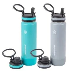 Flask Straw And Spout 24oz Stainless Steel Insulated Bottle, 2-pack With 4 Lids, Grey And Aqua