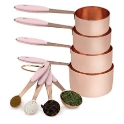 Ook With Color 8 Piece Copper Measuring Cups And Measuring Spoon Set Stainless Steel With Soft Touch Silicone Handles, Nesting Liquid Measuring Cup Set Or Dry Measuring Cups Set (Pink)