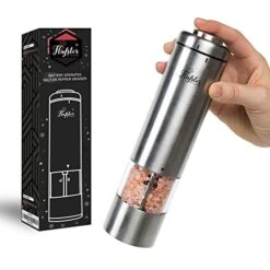 Lafster Kitchen Electric Pepper Grinder - Battery Powered Stainless Steel Salt Or Pepper Mill - Tall Power Shaker - Automatic Grinder With Light - Adjustable Ceramic Coarseness - Pack Of 1