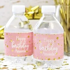 Personalized Pink And Gold Birthday Water Bottle Labels - 24 Stickers