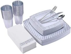 175 Piece Rose Gold Dinnerware Set 25 Guest-50 Square Plastic Plates-25 Rose Gold Plastic Silverware-25 Plastic Cups-25 Linen Like Rose Gold Paper Napkins, FOCUSLINE Disposable Dinnerware Set -Peugeot Shop 41ffz555hfL. AC