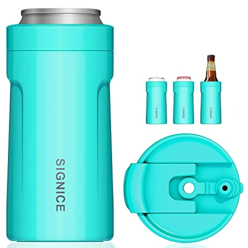 4-IN-1 Insulated Can Cooler With Lid - Newest Signice 12 Oz Stainless Steel Can Cooler Double Walled Vacuum Insulator For Skinny Tall Slim Can/Standard Regular Can/Beer Bottle (Aqua) 1 4-IN-1 Insulated Can Cooler With Lid - Newest Signice 12 Oz Stainless Steel Can Cooler Double Walled Vacuum Insulator For Skinny Tall Slim Can/Standard Regular Can/Beer Bottle (Aqua)